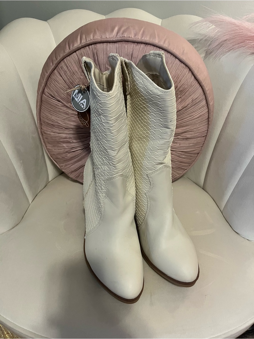 MIA Cream Snake-Embossed Western Ankle Boots